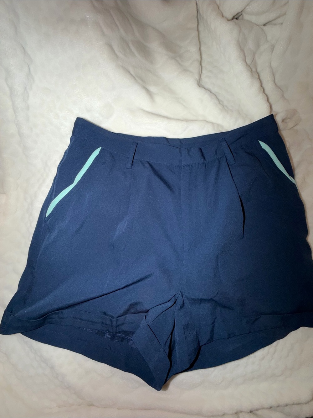 Topshop Navy High-Waist Shorts with Mint Trim